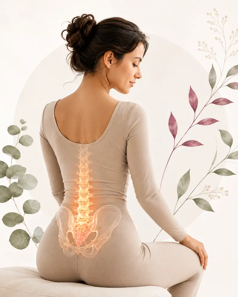 Ilustración editorial del curso de lumbares con anatomía sutil y eucalipto