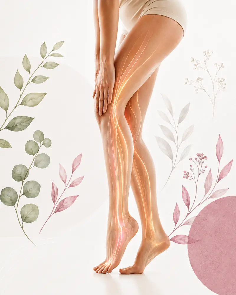 Ilustración editorial del curso de piernas pesadas con anatomía sutil y eucalipto