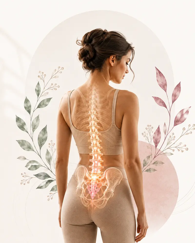 Mujer de espaldas en tonos marfil con una ilustración sutil de la columna y la pelvis, símbolo del autocuidado femenino de TempleViu